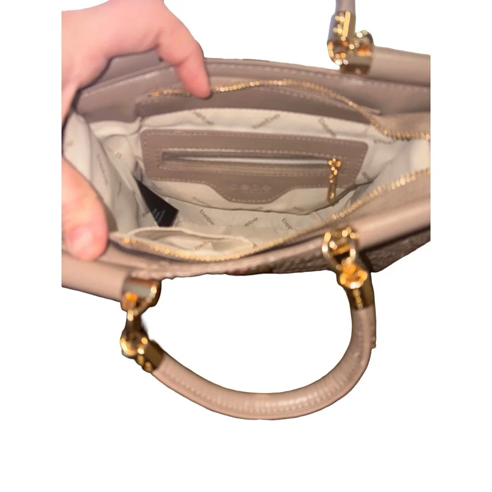 Bebe Nola Satchel‎ Taupe Gold Zipper Classy Handbag Cocktail Party